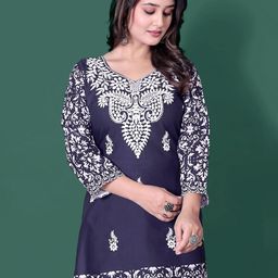 RUDRA LIFESTYLE Floral Embroidered V-Neck Thread Work Pure Cotton Thread Work Kurti-image-67