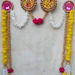 Nutts Bandhanwar 2Pc Yellow & Pink Lakshmi Ganesh Ji Marigold Heavy Hanging Garlands-4