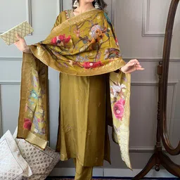 KALINI Women Ethnic Motifs Yoke Design Regular Chanderi Silk Kurta with Trousers & With Dupatta-picture-6