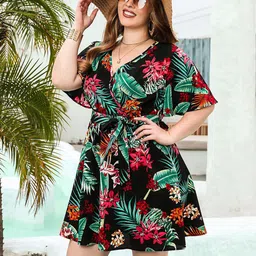 DressBerry Curve Tropical Print Flared Sleeve Dress-image-56