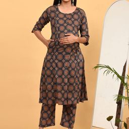 GOLDSTROMS Floral Printed Straight Pure Cotton Maternity Kurta With Trousers-image-81