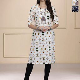 HERE&NOW Selection Of 3 Geometric Printed Round Neck Straight Kurta-image-88