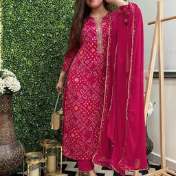 Anni Designer Bandhani Printed Regular Gotta Patti Straight Kurta with Trousers & Dupatta-picture-6