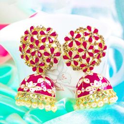 Glamgem Gold-Plated Artificial Stones Studded And Pearls Beaded Dome Shaped Jhumkas-image-91