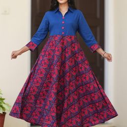 YASH GALLERY Red Cotton Maxi Printed Dresses-image-1