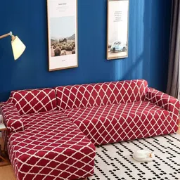 GIFTS ISLAND Maroon 2 Pieces Diamond Printed 3+3 Seater L-Shape Sofa Covers With Arms-image-4
