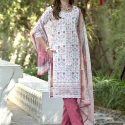 White Floral Printed Cotton Kurta Set with Embroidered Neck & Linen Dupatta-image-81