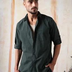 High Star Men Regular Fit Utility Heavy Washed Spread Collar Solid Cotton Casual Shirt-image-78