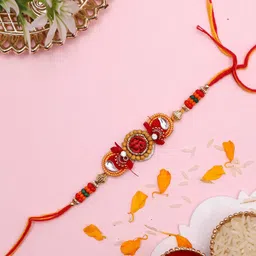 Aapno Rajasthan Traditional OM Motif Mauli Rakhi With Greetings Card-image-45