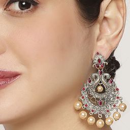 Anouk Red Kemp Stone And Pearls beaded Peacock Shaped Chandbalis Earrings-20