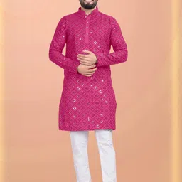shreeram Men Embroidered Straight Kurta (Pink)-image-76