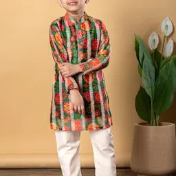 Readiprint Fashions Boys Floral Printed Band Collar Chanderi Silk Straight Kurta & Pyjamas-image-38