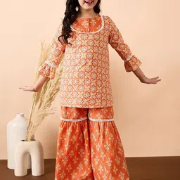 Stylo Bug Girls Ethnic Motifs Printed Regular Gotta Patti Pure Cotton Kurta with Sharara-picture-14