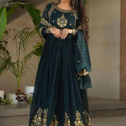 CRAFTLE Georgette Fit & Flared Ethnic Dress With Dupatta-image-21