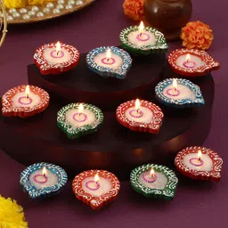 TIED RIBBONS Red Set of 12 Terracotta Clay Wax Filled Diya Candles-21