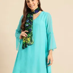 Qurvii Solid Flared Sleeve Georgette Dress with Printed Scarf-picture-57