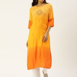 CATCHY Women Mustard Yellow Embroidered Yoke Design Ombre Straight Kurta-picture-2