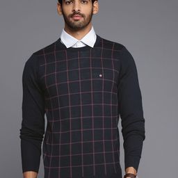 Louis Philippe Men Navy Blue & Pink Checked Pullover-image-25