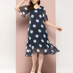 Qurvii Polka Dot Print Flared Sleeves Midi Georgette A-Line Dress-image-48