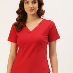 BRINNS Women Red Solid V-Neck Pure Cotton T-shirt-picture-40