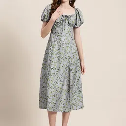 HERE&NOW Tropical Print Puff Sleeve A-Line Midi Dress-picture-45