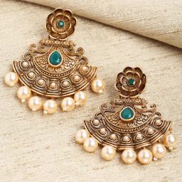 Karatcart Gold-Plated Green Stone and Pearl Dangler Earrings for Women-36