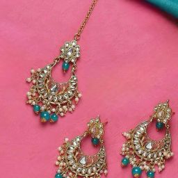 Oomph Turquoise Ferozi Blue Green Kundan Jadau Maangtikka with Earrings Set-image-8