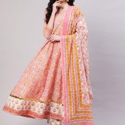 GLAM ROOTS Floral Printed Regular Pure Cotton Anarkali Kurta with Trousers & Dupatta-7