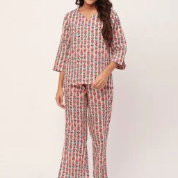 Moomaya Off White & Red Cotton Floral Print Top With Pyjamas-picture-7