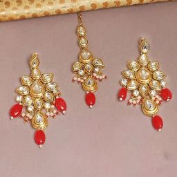 Oomph Red Kundan Jadau Maangtikka with Earrings Set-image-6