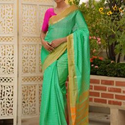 Unnati Silks Green Cotton Woven Saree With Unstitched Blouse-image-19