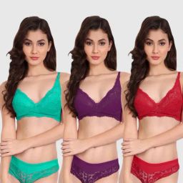 FIMS: Fashion is my Style Green & Purple Lace Work Lingerie Set - Pack Of 3-image-56