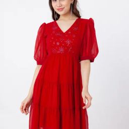 Zink London Red Embellished Fit & Flare Dress-image-95