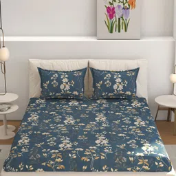 MOGNE FAB Blue & White Floral Cotton Fitted 210 TC King Bedsheet Set 2.28 m x 2.54 m-image-51