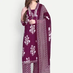 Hujum Women Floral Printed Regular Thread Work Pure Cotton Kurta with Palazzos & With Dupatta-picture-11