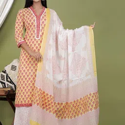 Indiwest Women Floral Printed Cotton Kurta with Palazzo & Dupatta-32