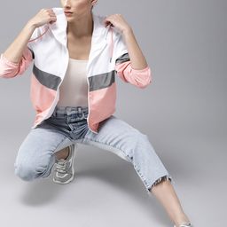 Roadster Women White & Pink Colourblocked Windcheater Hooded Jacket-image-64