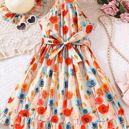 LULU & SKY Girls Floral Printed Halter Neck Sleeveless Fit & Flare Dress-image-69