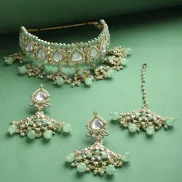 Zaveri Pearls Green Bridal Kundan Choker Necklace Earring & Maangtikka Set-ZPFK15350-image-56