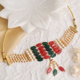 Teejh Amisha Green & red Beaded gold necklace-30