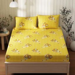 KOPA Lopez YellowCotton Floral 120 TC Double Flat Bedsheet with 2 Pillow Covers-image-98