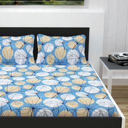 Divine Casa Blue & Brown Floral Flat 120 TC 1 Queen Bedsheet with 2 Pillow Covers-image-97