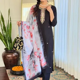 Moda Rapido Floral Embroidered Sequinned Straight Kurta With Trousers & Dupatta-7