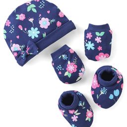 Babyhug 100% Cotton Knit Floral Print Cap Mittens And Booties - Blue-image-31
