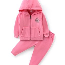 Babyhug Velour Knit Hooded Full Sleeves Winter Wear Night Suit With Cup Cake Print - Pink-picture-28