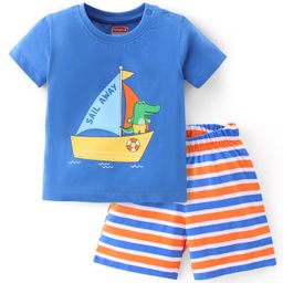 Babyhug Single Jersey Knit Half Sleeves Night Suit With Boat Print - Blue-image-73