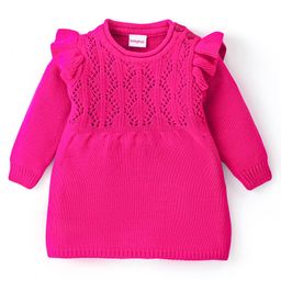 Babyhug Knitted Full Sleeves Pullover Sweater with Crochet Design & Frill Detailing - Fuchsia-image-12