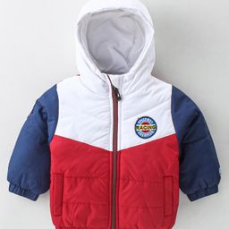 Babyhug Woven Full Sleeves Padded Hooded Jacket with Cut & Sew Design & Patch Detailing - Red & White-image-52