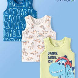 Babyoye Cotton Elastane Knit Sleeveless Vests with Dino & Text Print Pack Of 3 - Yellow Blue & White-picture-24