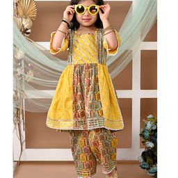 LIL PITAARA Pure Cotton Three Fourth Bell Sleeves Floral & Bandhani Printed & Gota Lace Embellished Coordinating Kurta & Palazzo Set - Yellow-image-97